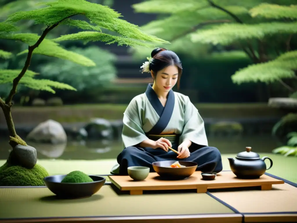 Un samurái disfruta una comida elegante en un jardín sereno, reflejando la armonía y disciplina de la Dieta del samurái para salud