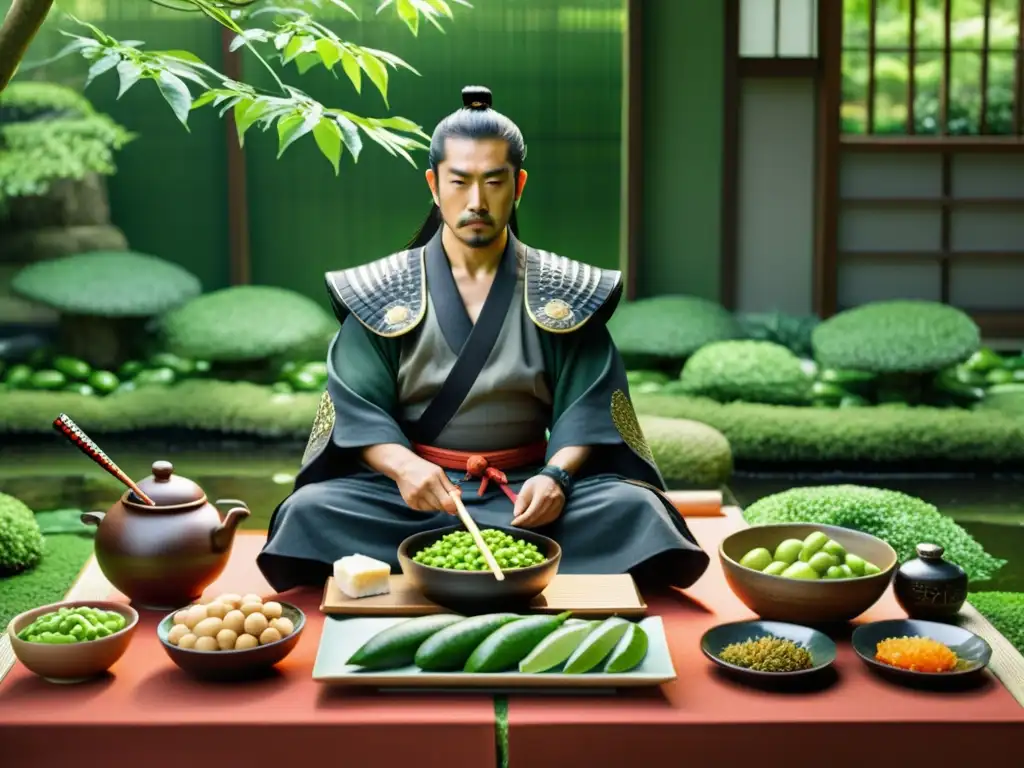 Guerrero samurái meditando sobre la comida rica en proteínas Un samurái contempla su comida rodeado de alimentos ricos en proteínas en un jardín tranquilo