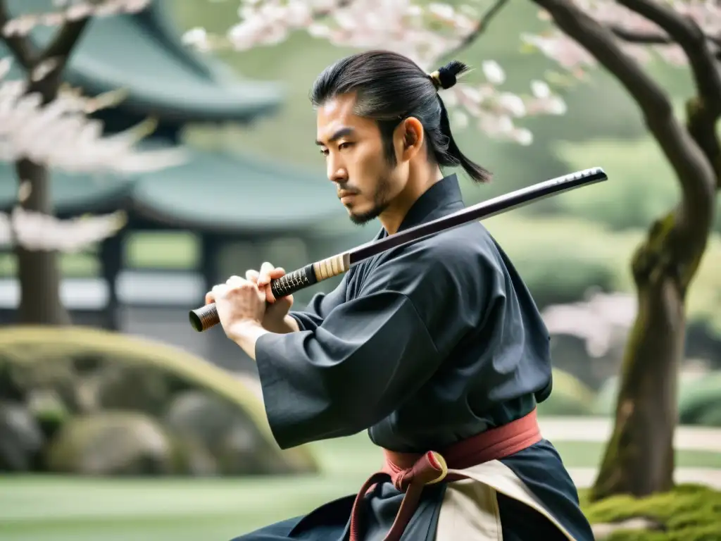 Un samurái concentrado practica Iaido en un jardín japonés sereno, reflejando las prácticas samuráis para concentración mental