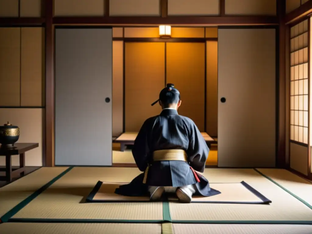 Un samurái en un cuarto japonés tradicional se prepara para realizar el seppuku en el código Bushido