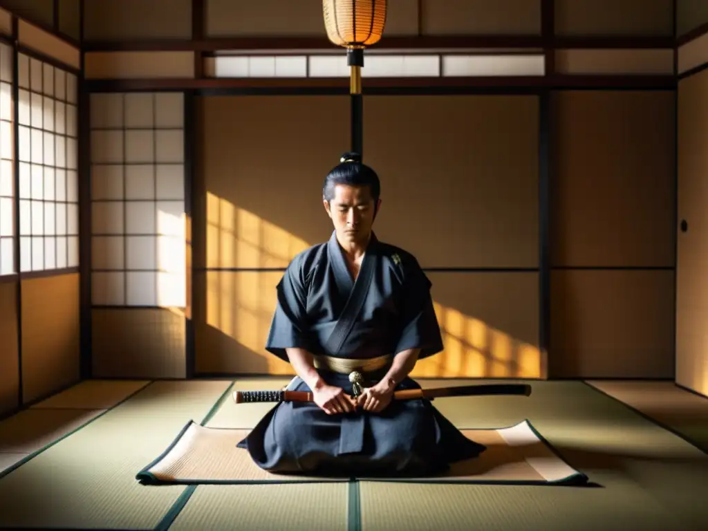 Un samurái en un cuarto de tatami, iluminado por la luz del sol, preparándose para el seppuku