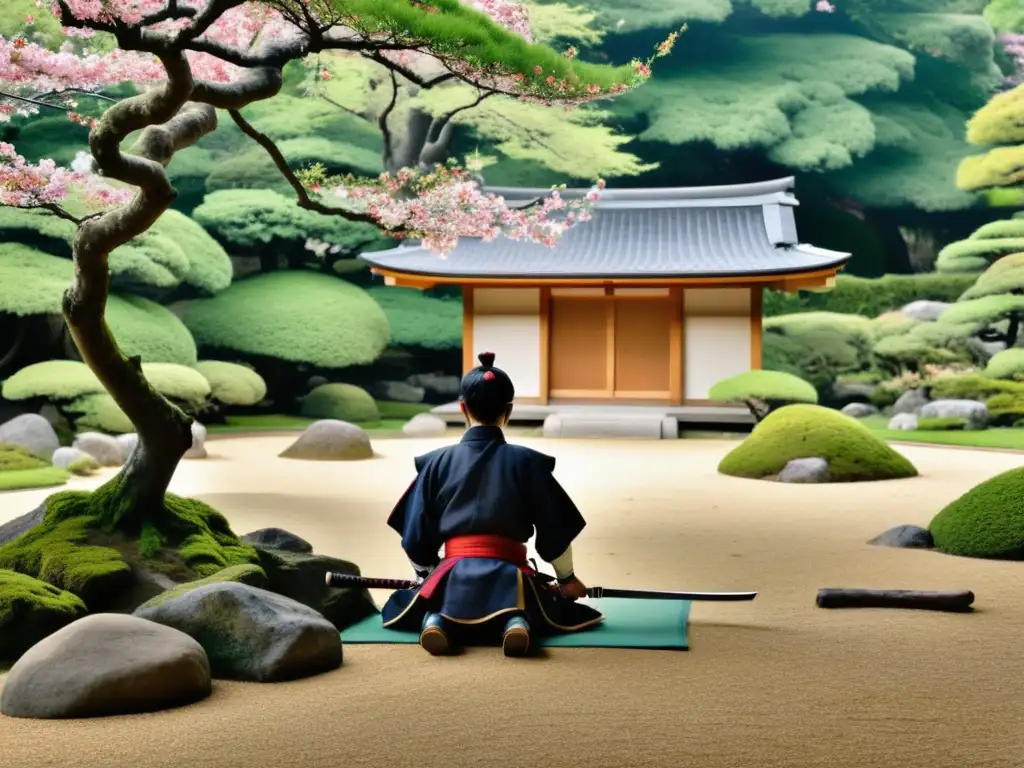 Jardín japonés zen con samurái en meditación, influencia cultural samurái y prácticas zen