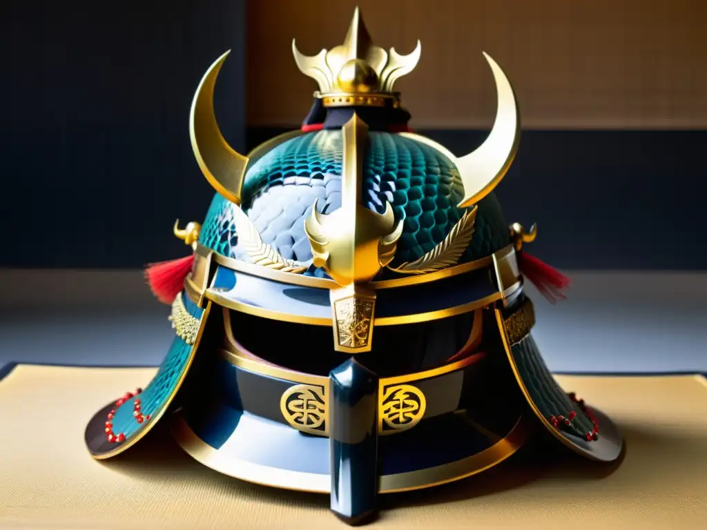 Un kabuto samurái decorado con un poderoso dragón, fusionando arte marcial y ornamentos