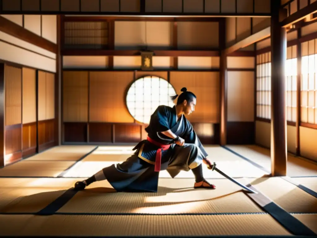 Un samurái practica su destreza en un dojo japonés tradicional, evocando la atmósfera de la cultura samurái para Apps realidad aumentada samurái