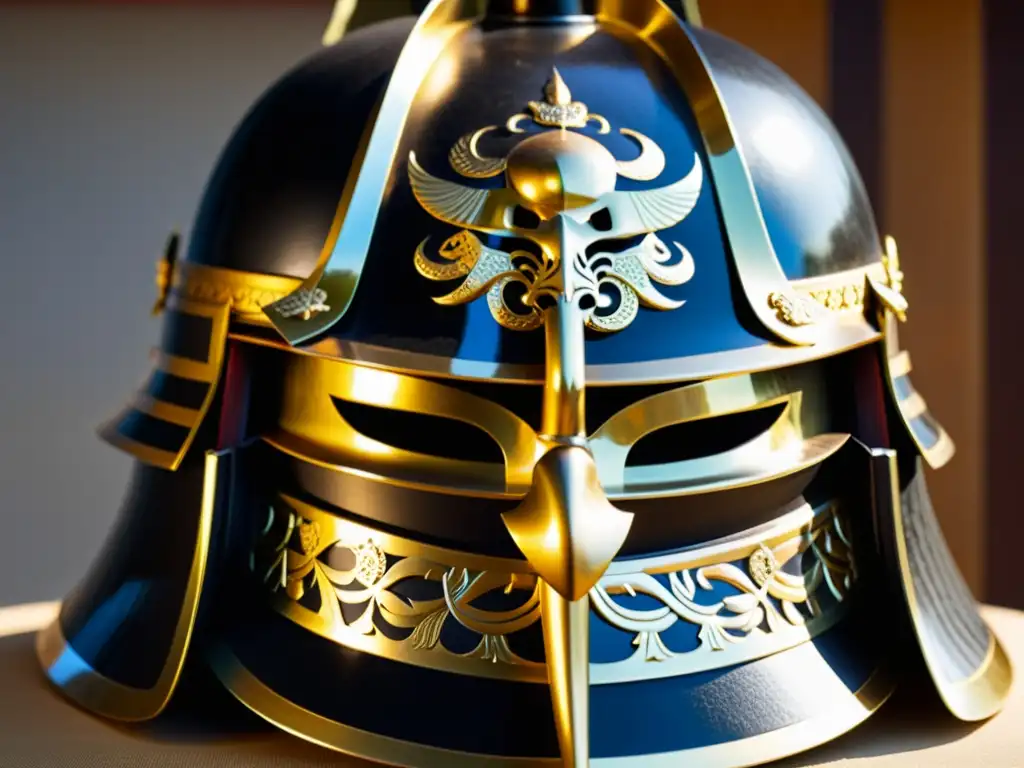 Un kabuto samurái con intrincado metalwork y detalles ornamentados, iluminado por el sol, muestra la propaganda en la armadura samurái