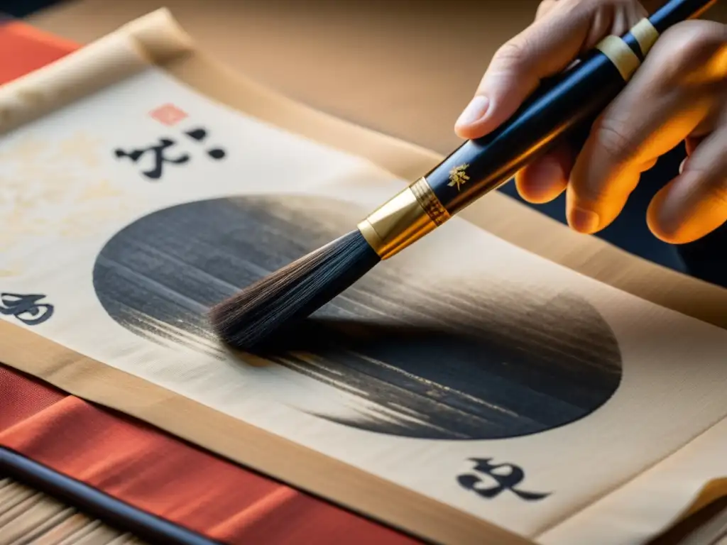 Un samurái ejerciendo disciplina al practicar caligrafía japonesa con un pincel tradicional, en una atmósfera de luz cálida y enfoque preciso