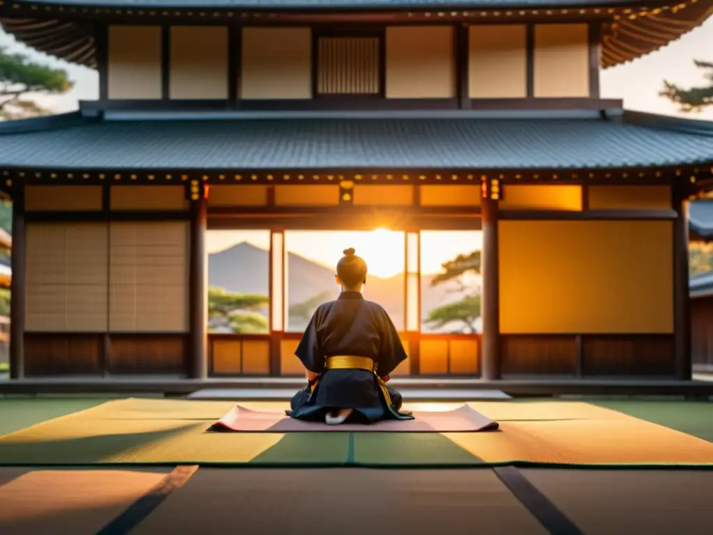 Un samurái entrena en un dojo al atardecer, mientras sus hijos lo observan con respeto