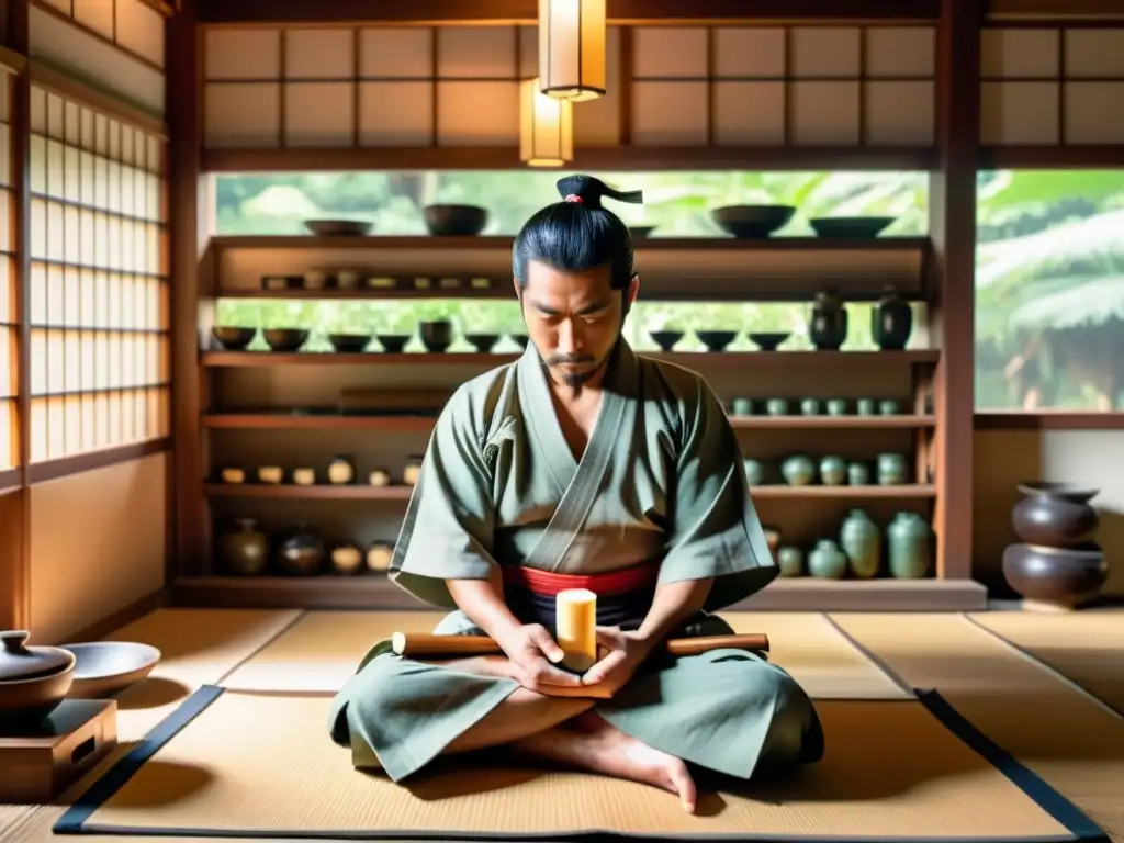 Un samurái en un dojo japonés preparando un ungüento medicinal