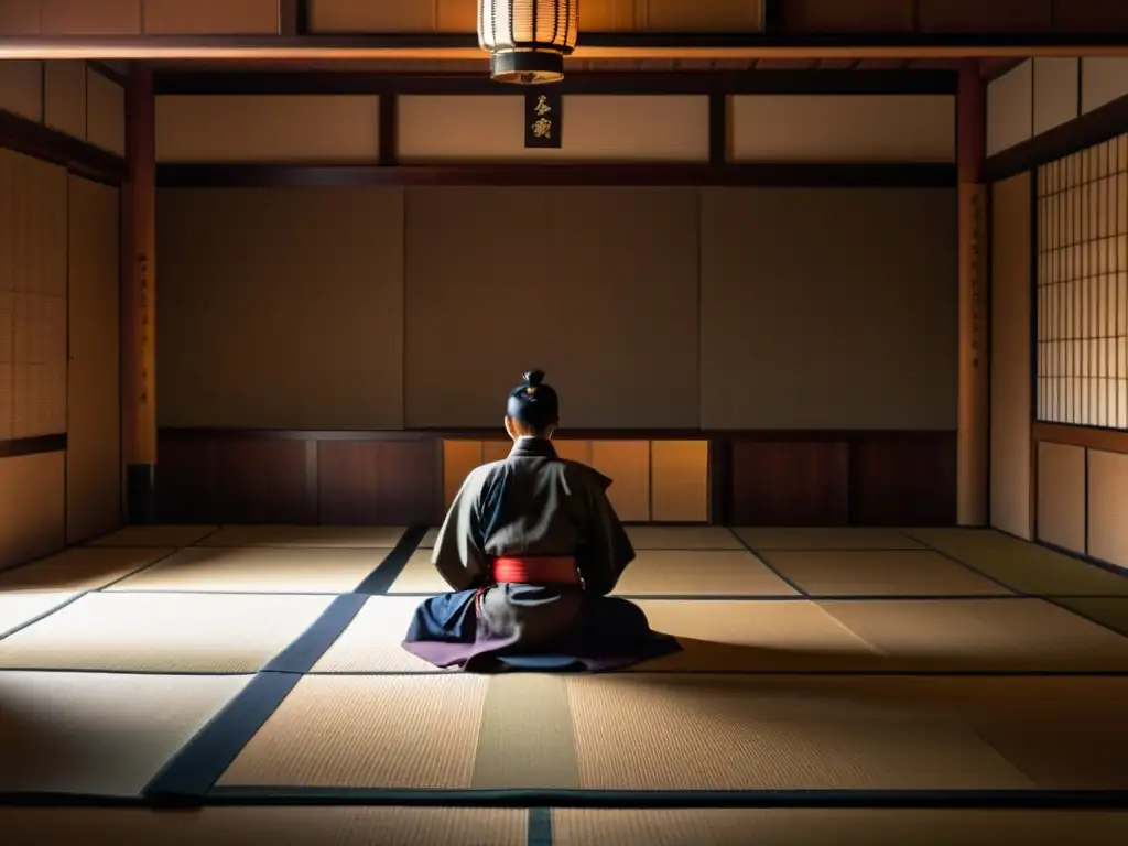 Un samurái medita en un dojo sereno, iluminado con una tenue luz dorada y repleto de humo de incienso