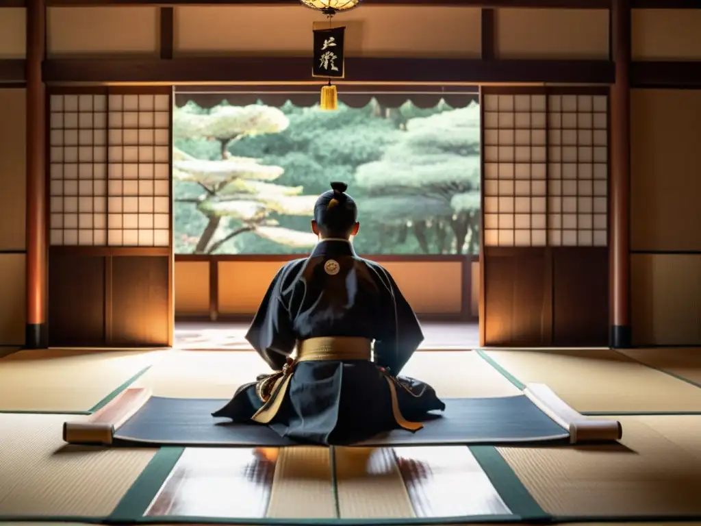 Un samurái practica en un dojo tradicional japonés al atardecer, capturando la esencia de debates literarios sobre samuráis modernos