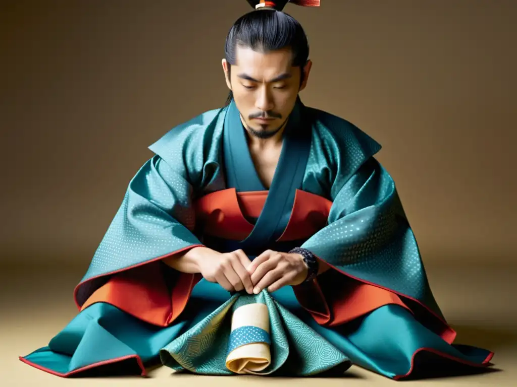 Un samurái japonés envuelve con elegancia una espada ceremonial usando la técnica tradicional del furoshiki arte envolver tela