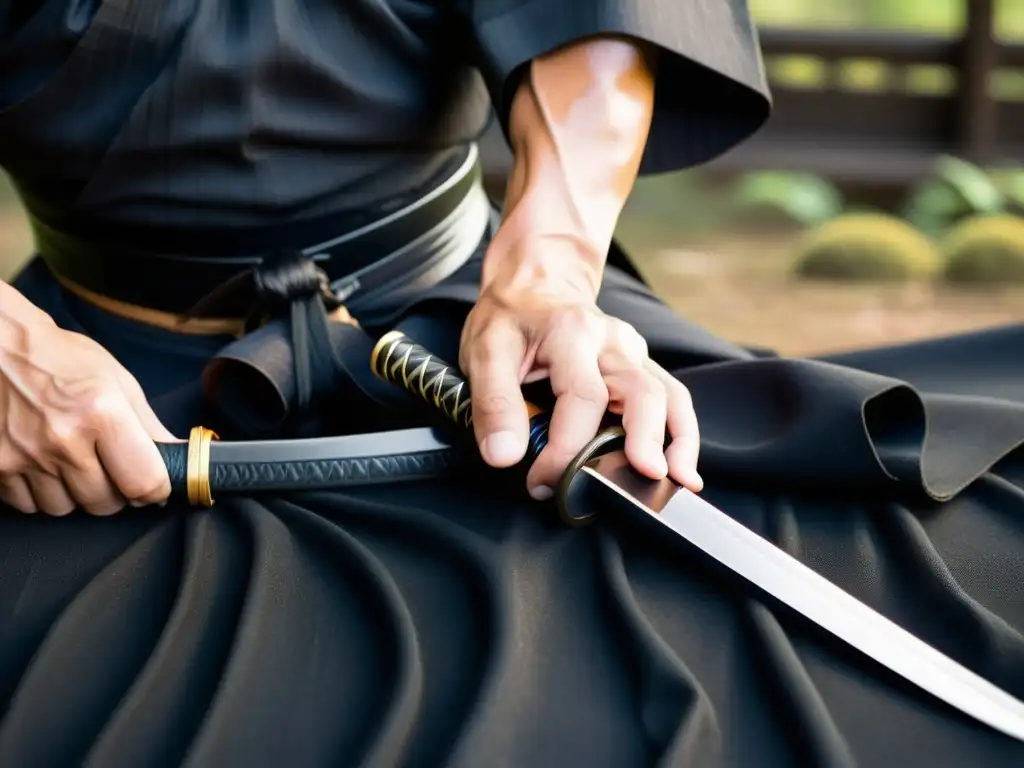 Un samurái envuelve con maestría la empuñadura de su katana, reflejando su disciplina en la rutina diaria de entrenamiento samurái