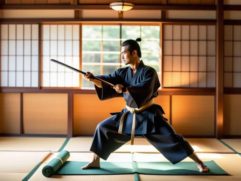 Un samurái realiza entrenamiento físico intenso con espada de madera en un dojo japonés tradicional, evocando disciplina y fuerza