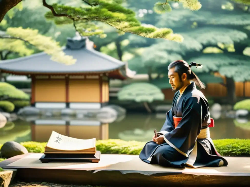 Un samurái y un erudito confuciano conversan en un jardín japonés, en una escena de reverencia y legado filosófico