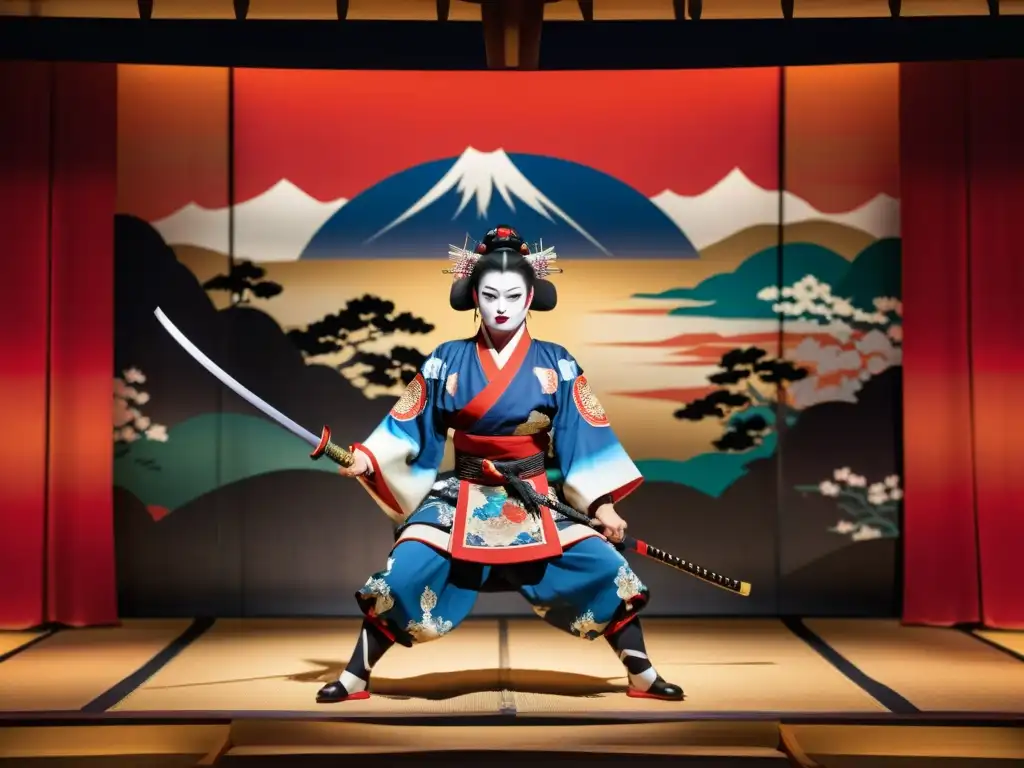 Una samurái destaca en el escenario del teatro kabuki, mostrando la fuerza femenina en representaciones artísticas mujer samurái kabuki