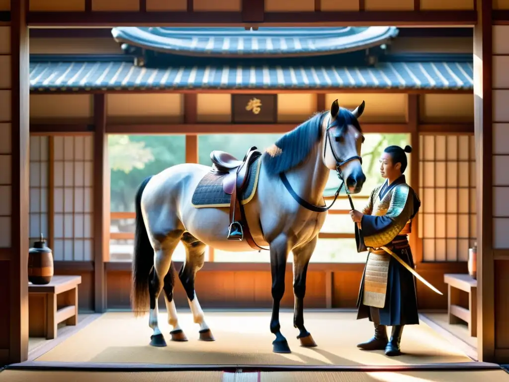 Un samurái cuida con esmero a un majestuoso caballo en un establo japonés tradicional, con luz dorada filtrándose por las ventanas de papel