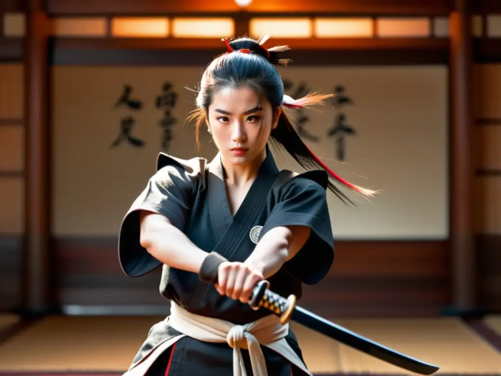 Una samurái experta demuestra su habilidad en el arte del tanto en un dojo japonés, reflejando la influencia y expertise de mujeres samurái en el combate