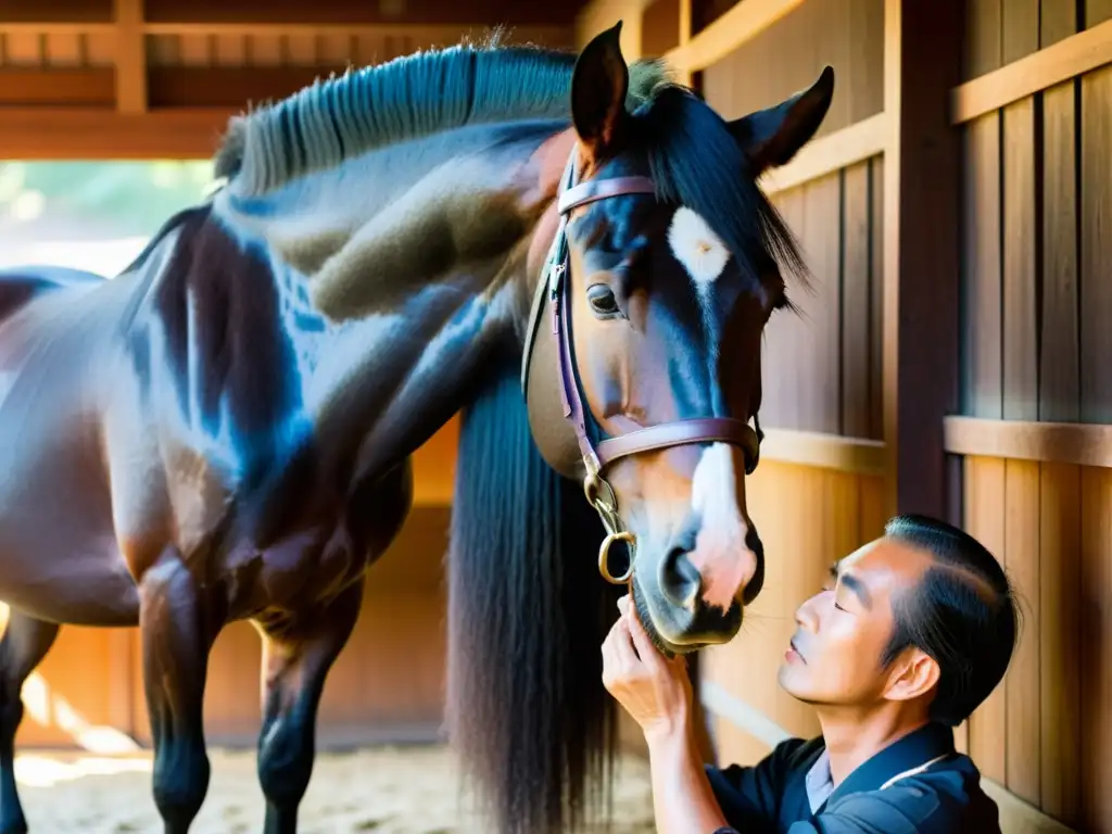 Un samurái experto cuida con cariño la crin de un imponente corcel negro en un establo japonés, resaltando la crianza de caballos samurái