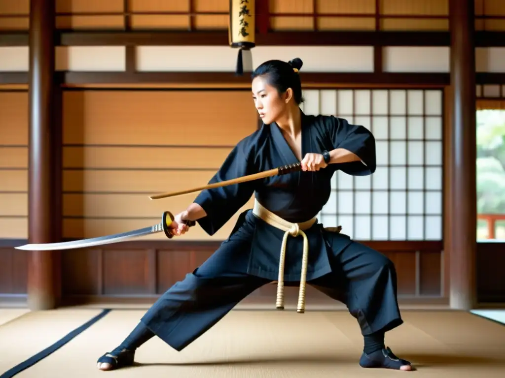 Un samurái experto en Naginatajutsu, demostrando con precisión la técnica de la lanza samurái en un dojo japonés tradicional