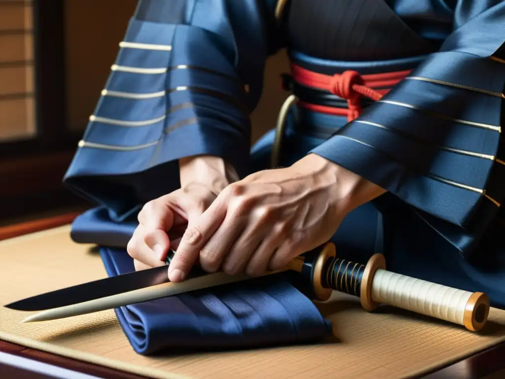 Un samurái experto enlaza con precisión la tsukamaki de una katana, mostrando el arte y la disciplina del Zanshin en la vida diaria