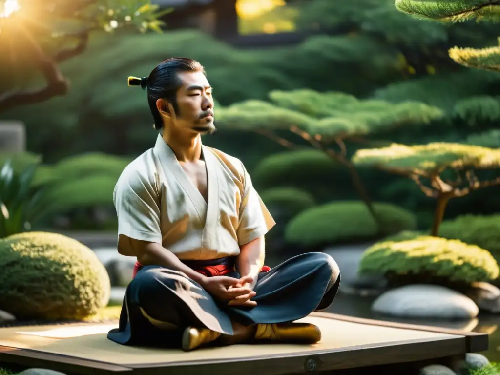 Un samurái meditando en un exuberante jardín japonés al atardecer, practicando técnicas de respiración samurái combate