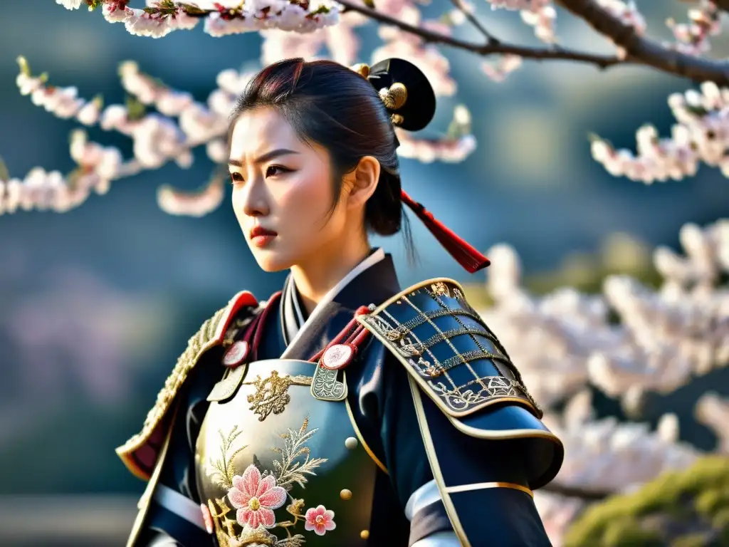 Una samurái femenina en armadura tradicional, expresión segura, paisaje japonés sereno con cerezos en flor
