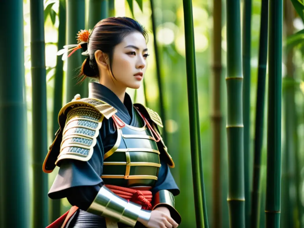 Una samurái femenina moderna con una armadura tradicional en un bosque de bambú, exudando fuerza y gracia