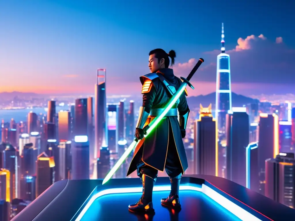 Un samurái futurista en un exoesqueleto de alta tecnología sostiene una katana de energía en un paisaje urbano futurista lleno de rascacielos y luces de neón, con coches voladores y anuncios holográficos