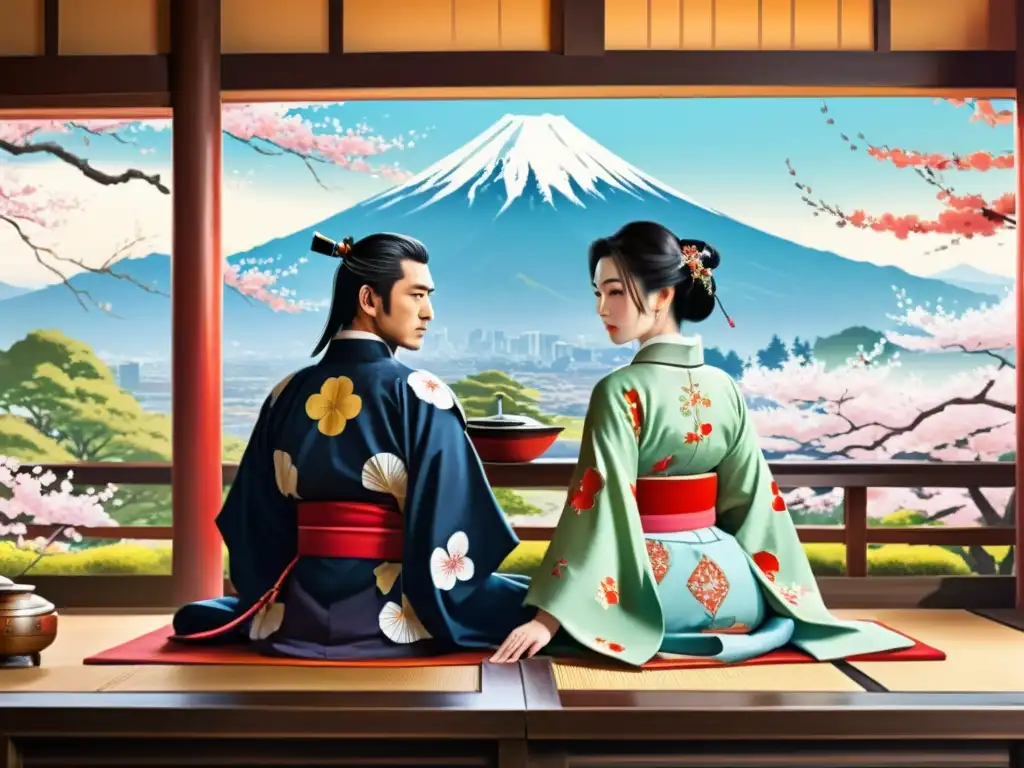 Un samurái y una geisha comparten un momento íntimo en un tradicional salón de té japonés, rodeados de cerezos en flor y un paisaje sereno con el majestuoso Monte Fuji al fondo, evocando historias románticas en el contexto samurái