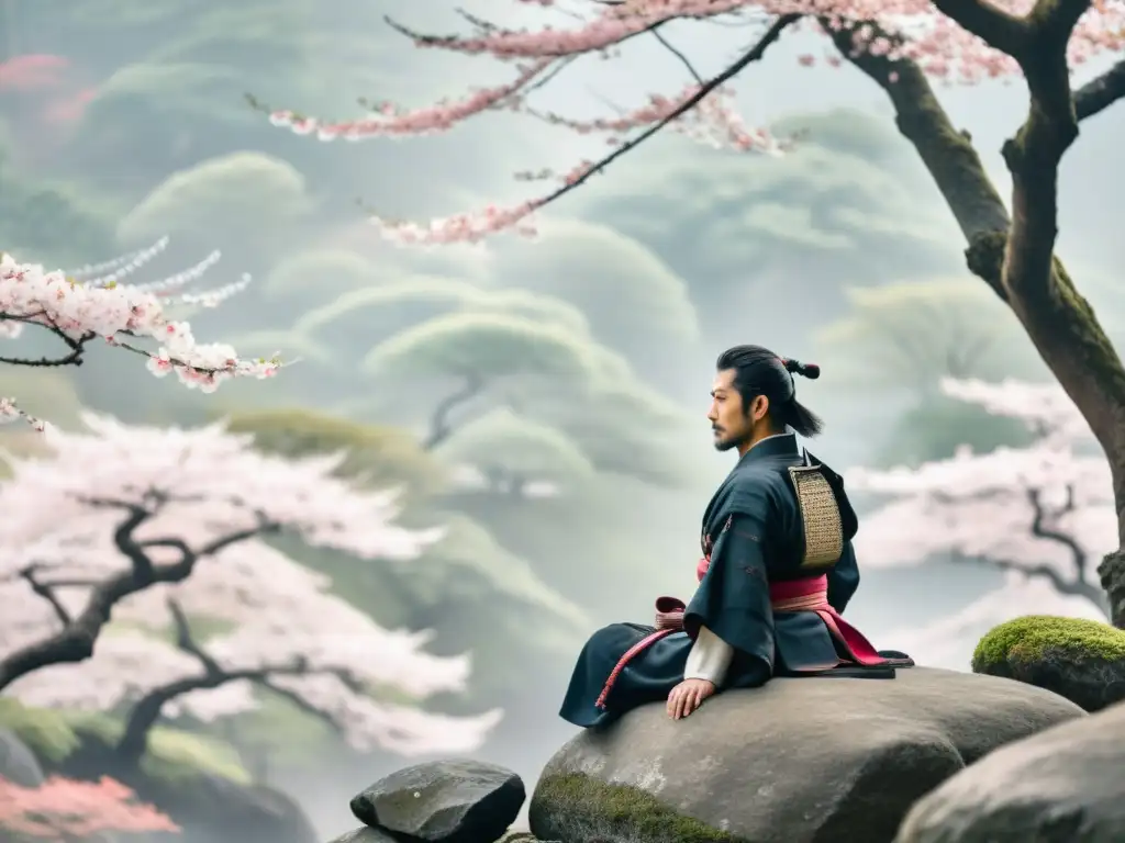 Un samurái reflexiona sobre historias románticas en el contexto samurái bajo un dosel rosa de cerezos en flor en un bosque neblinoso de Japón antiguo