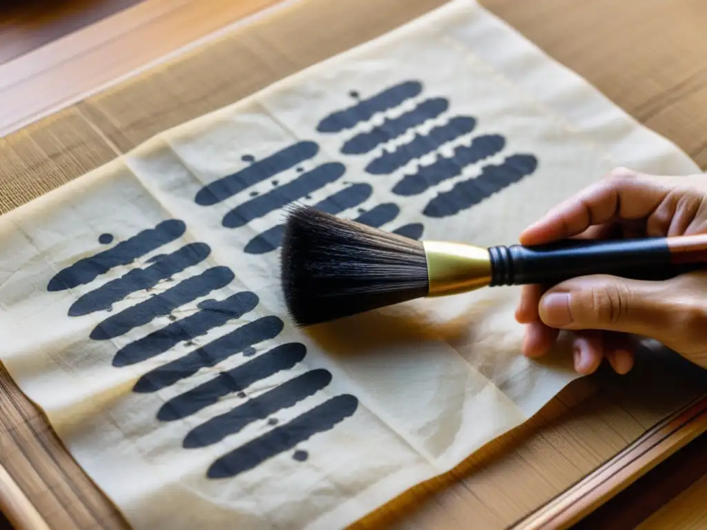 Un samurái concentra la importancia del Shodo en su cultura, pintando con precisión sobre papel de arroz