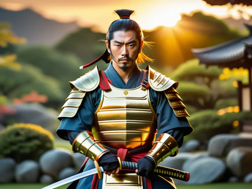 Un samurái inmersivo en un jardín japonés al atardecer, con una katana reluciente