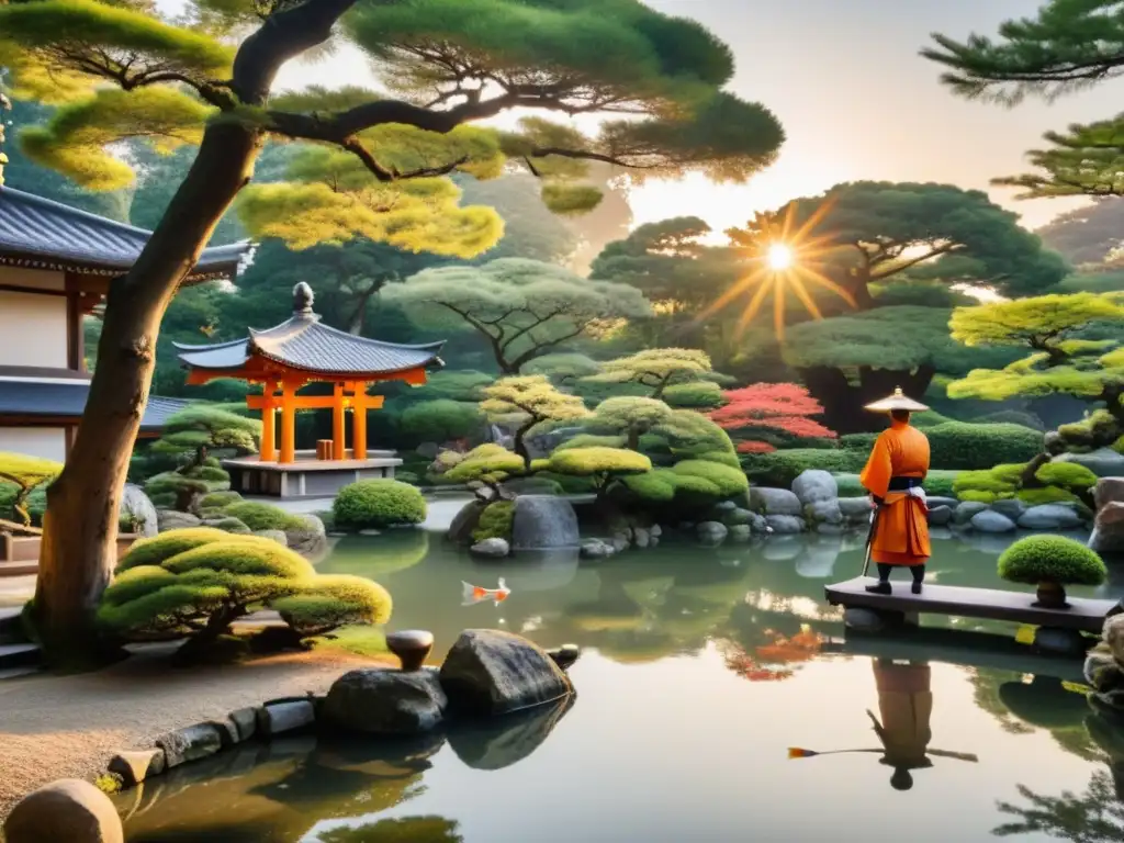 Un samurái contempla un jardín japonés con árboles cuidados, estanque de koi y un torii