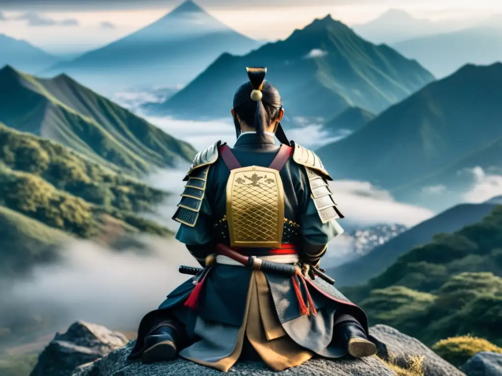 Un samurái japonés en armadura completa con un Wakizashi y una katana, contemplando el horizonte en un paisaje de montaña brumosa