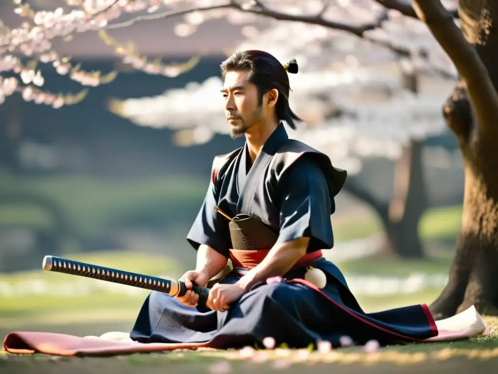 Un samurái japonés en posición seiza, vistiendo armadura tradicional y sosteniendo una katana, con sakuras en flor