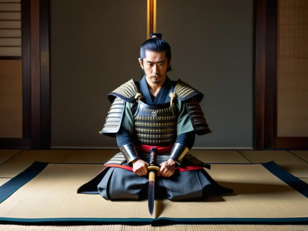 Un samurái japonés en armadura tradicional, arrodillado en un tatami con una katana delante