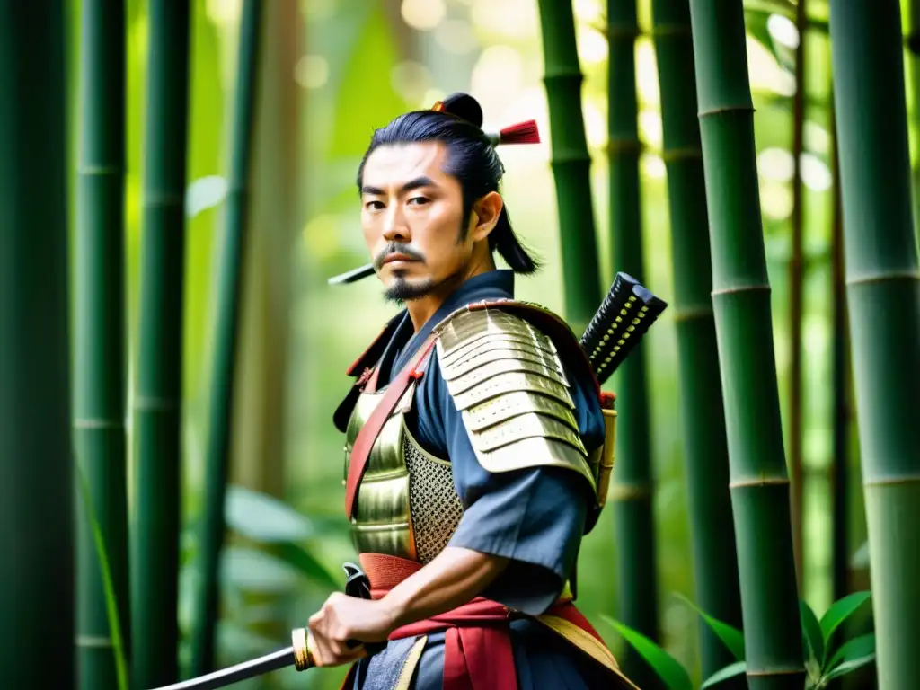 Un samurái japonés en armadura tradicional medita en un bosque de bambú, mostrando técnicas de respiración samurái combate