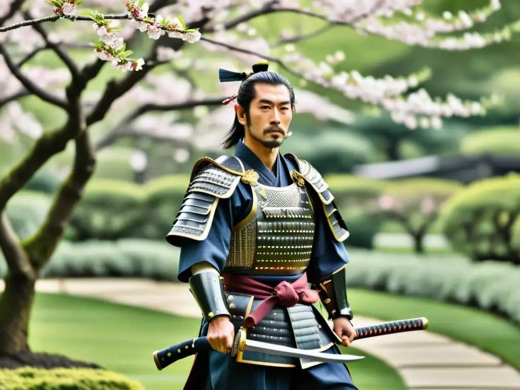 Un samurái japonés en armadura tradicional y katana en mano, en un jardín con cerezos en flor, contrastando con diplomáticos europeos