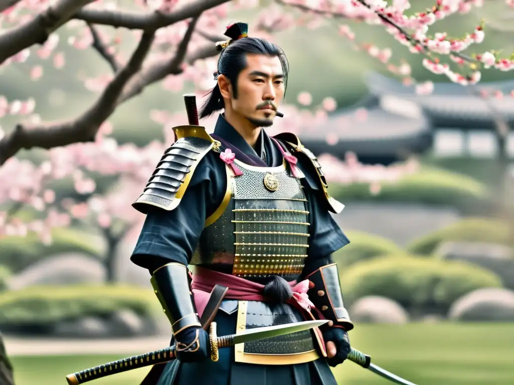 Un samurái japonés en armadura tradicional, con katana en mano, contempla un jardín de cerezos en flor