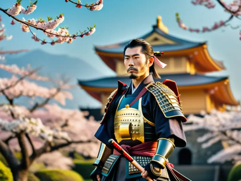 Samurai japonés en armadura tradicional junto a cerezos en flor Un samurái japonés en armadura tradicional sostiene una katana, rodeado de cerezos en flor y un castillo histórico
