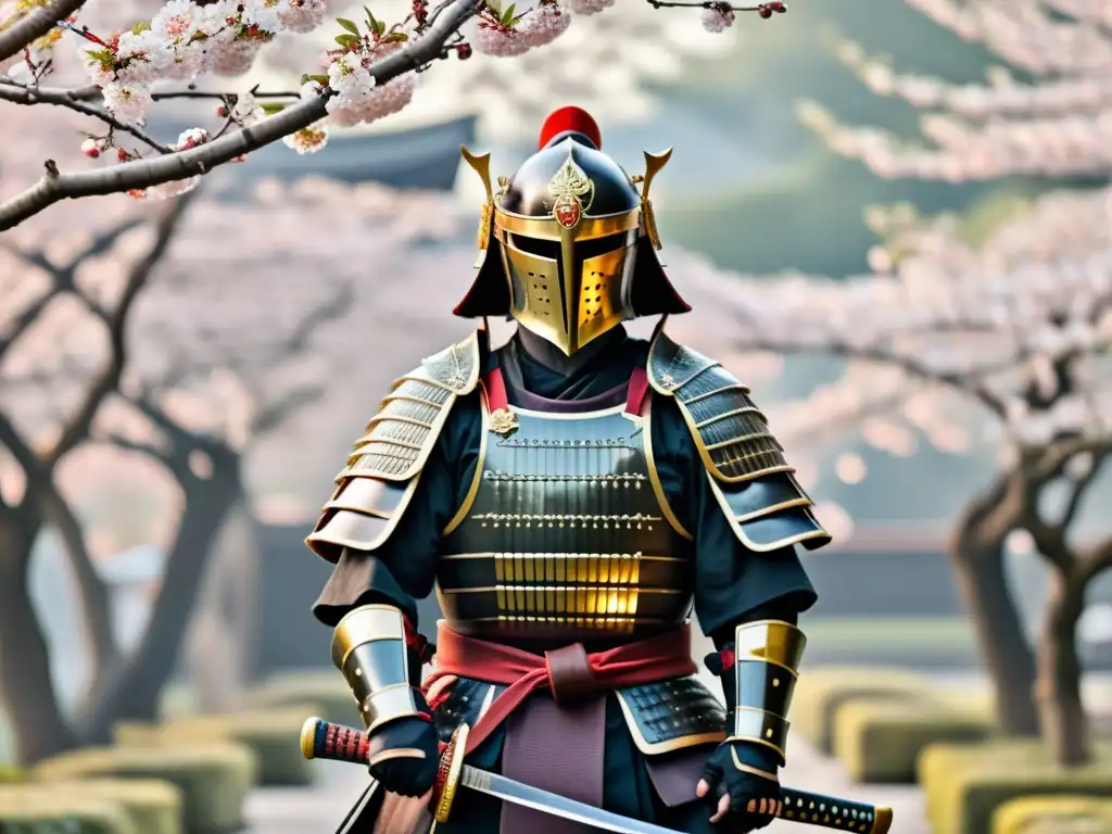 Un samurái japonés con armadura tradicional y un katana, en un jardín de cerezos