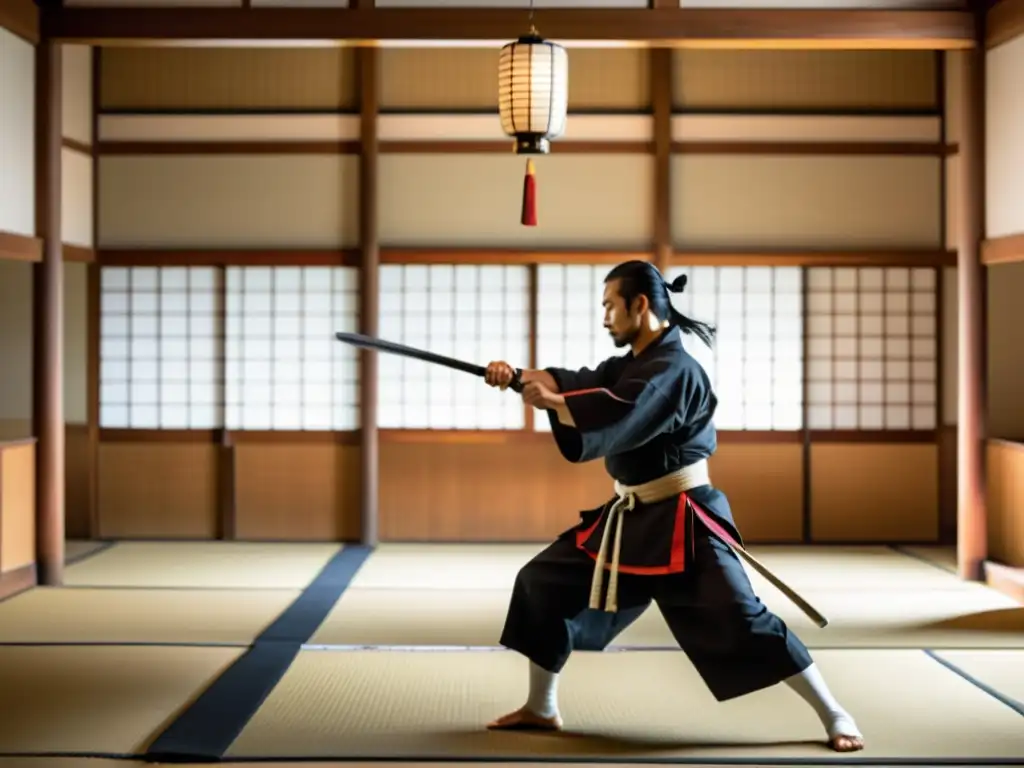 Un samurái japonés practica artes marciales en un dojo, aplicando el Bushido en empresas, transmitiendo determinación y autocontrol