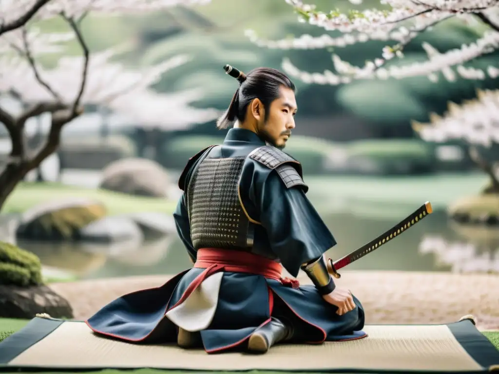 Un samurái japonés practica artes marciales en un jardín sereno, rodeado de árboles de cerezo y un estanque tranquilo