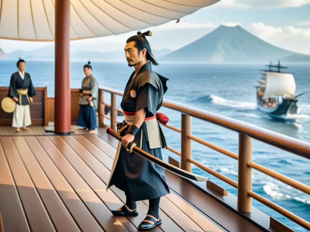 Un samurái japonés en un barco comercial, listo para el comercio exterior