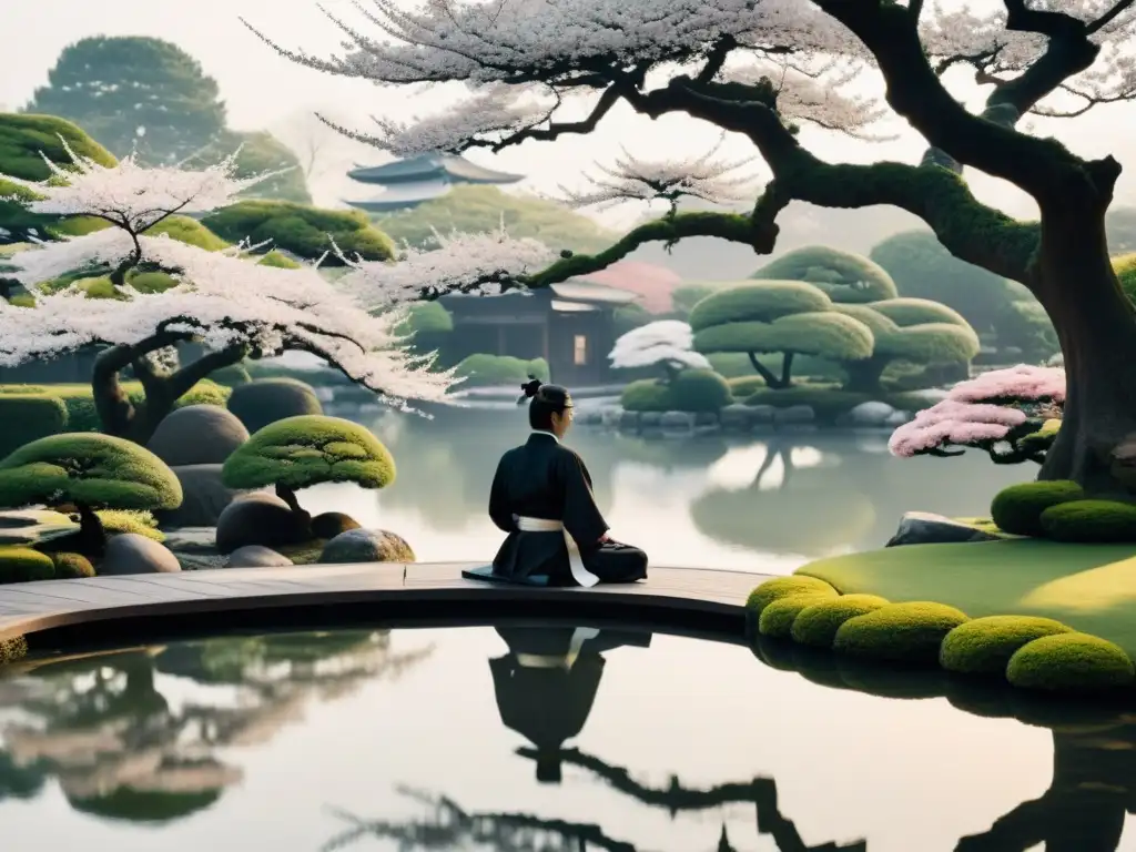 Un samurái medita en un jardín japonés con bonsáis y un estanque, envuelto en calma