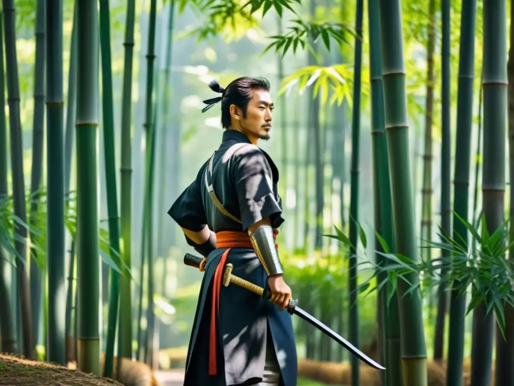 Un samurái japonés en un bosque de bambú, reflejando la importancia de la naturaleza en la educación samurai