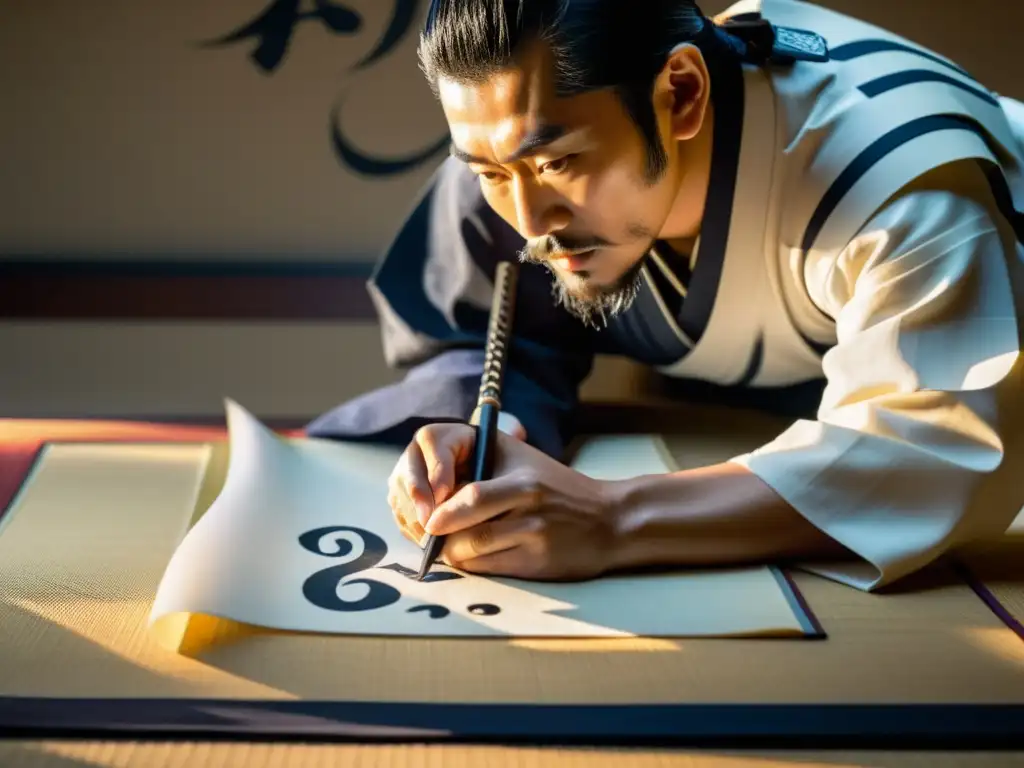 Un samurái japonés practica caligrafía con serenidad en un jardín de cerezos en flor, evocando la filosofía samurái y legado confuciano