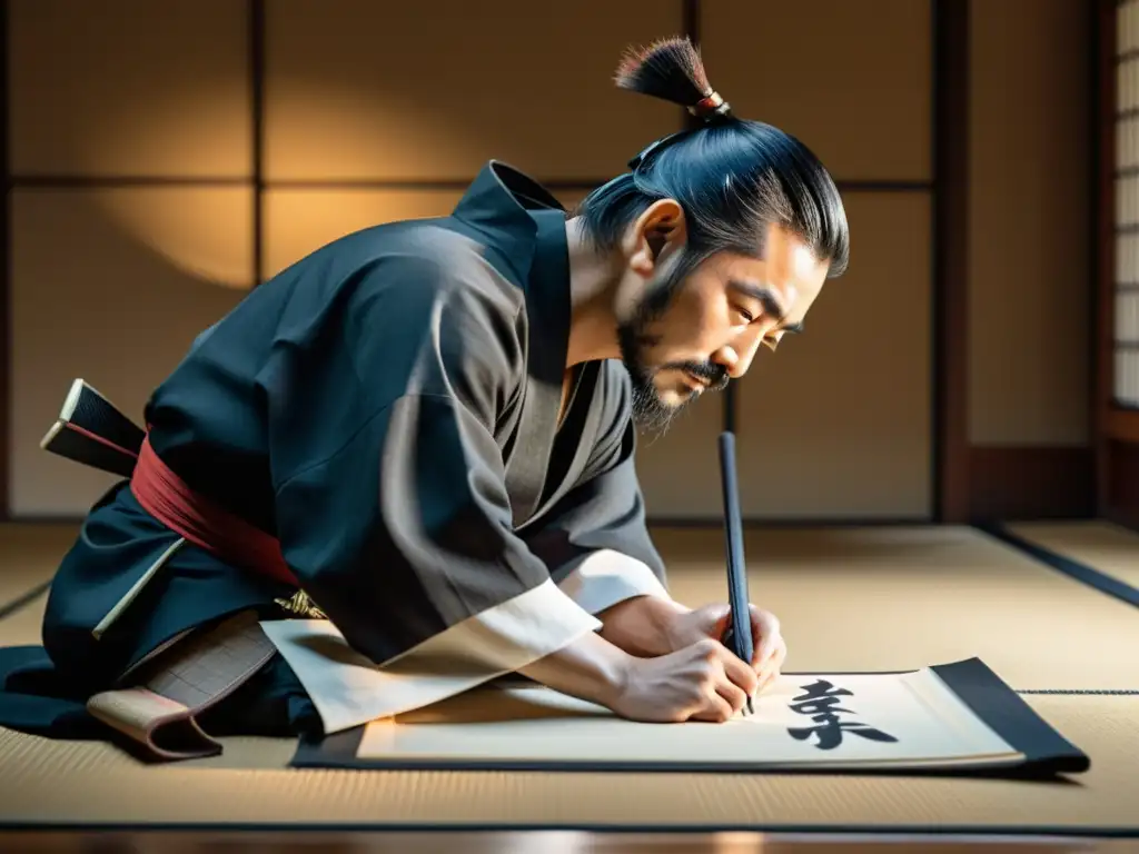 Un samurái japonés practica calligrafía con gracia en un tranquilo dojo, capturando la dualidad entre arte y filosofía samurái contemporánea