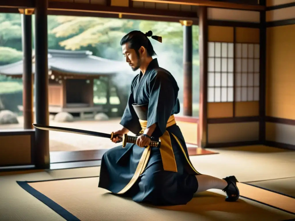 Un samurái japonés realiza una ceremonia con su espada katana en un templo, mostrando espiritualidad en la vida samurái