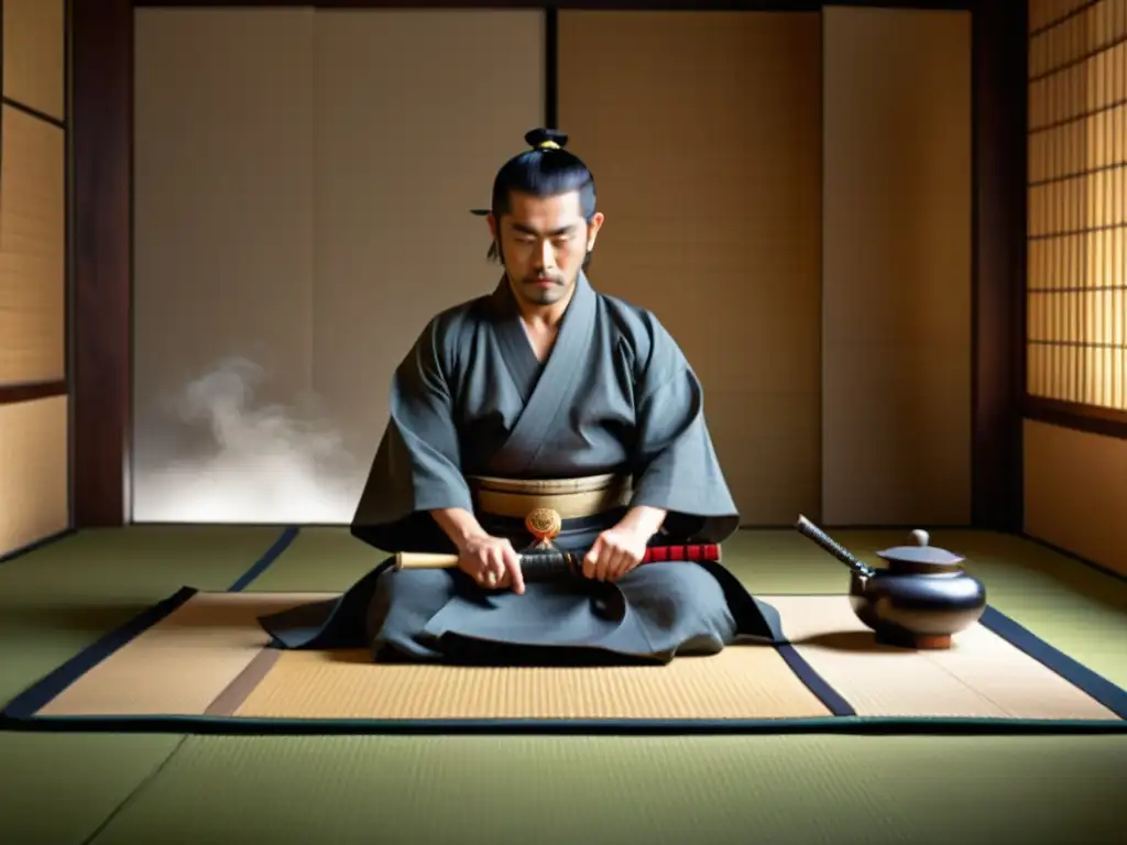 Samurai japonés realizando ceremonia del té, reflejando paralelismos filosóficos entre Bushido y Confucianismo en sereno ambiente de tatami con katana